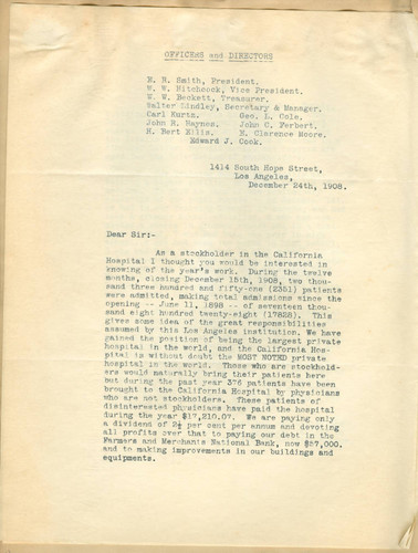 Letter from Walter Lindley to California Hospital stockholders