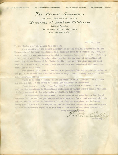 Letter from Titian Coffey to the members of the Alumni Association of the Medical Department of the University of Southern California