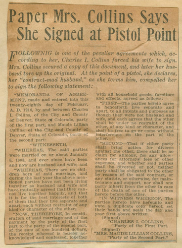 Paper Mrs. Collins says she signed at pistol point