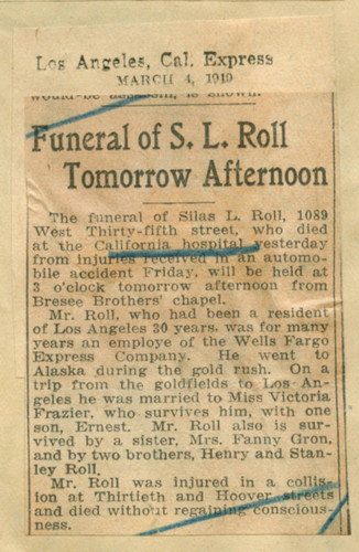 Funeral of S. L. Roll tomorrow afternoon