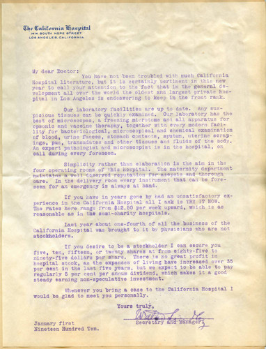 Letter from Walter Lindley to doctors from California Hospital