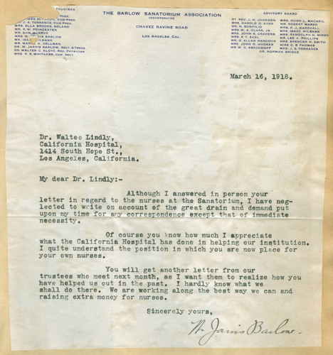 Letter from W. Jarvis Barlow to Walter Lindley