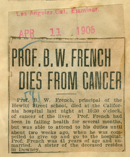 Professor B. W. French dies from cancer
