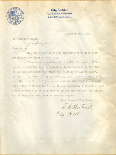 Letter from E.E. Bostwick to Walter Lindley