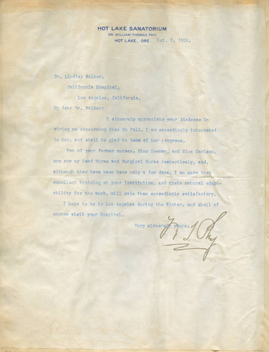 Letter from William Phy to Walter Lindley