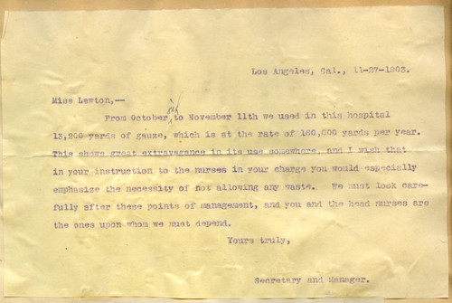 Letter to Miss Lawton from the manager of California Hospital