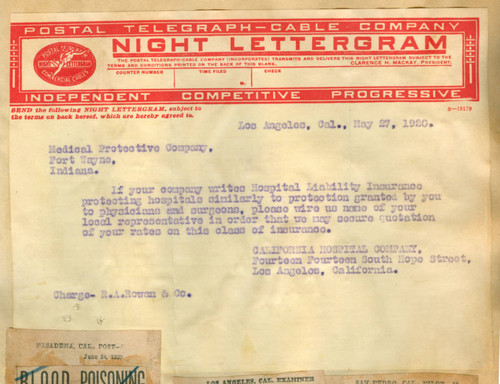 Telegram from California Hospital to Medical Protective Company