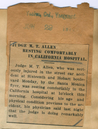 Judge M. T. Allen resting comfortably in California Hospital