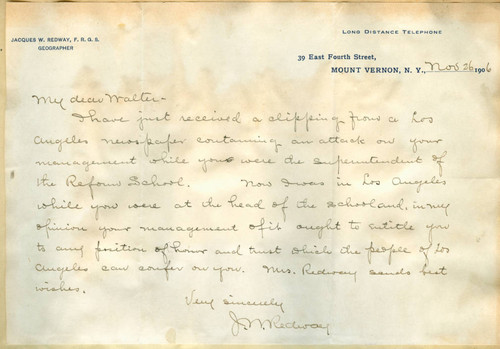 Letter from Jacques Redway to Walter Lindley