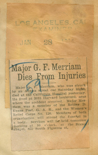 Major G. F. Merriam dies from injuries