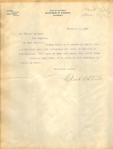 Letter from Clark Alberti to Walter Lindley