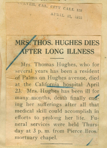 Mrs. Thomas Hughes dies after long illness