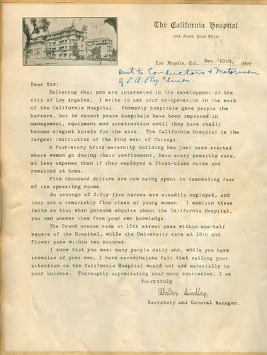 Form letter from Walter Lindley to the conductors and motormen of Los Angeles railway lines