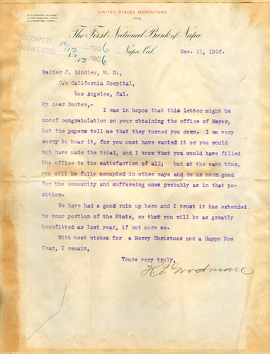 Letter from H. P. Goodman to Walter Lindley