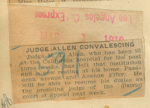 Judge Allen convalescing