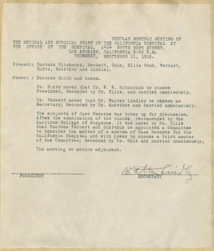 Minutes for the monthly meeting of medical and surgical staff at California Hospital