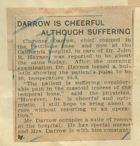 Darrow is cheerful although suffering