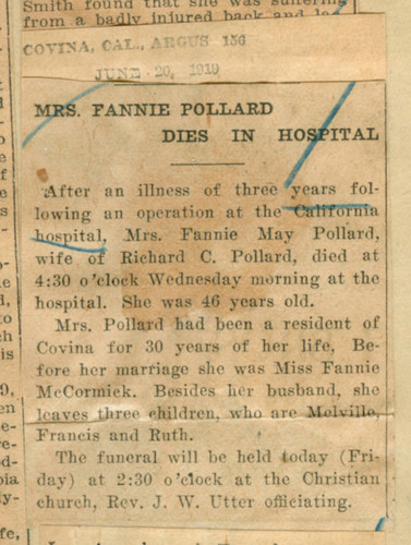 Mrs. Fannie Pollard dies in hospital