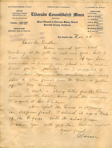 Letter from Stephen Bowers to Walter Lindley