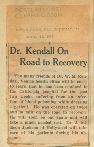 Dr. Kendall on road to recovery