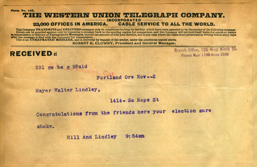 Telegram from Hill and Lindley to Walter Lindley