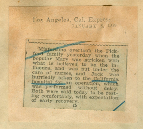 Mary Pickford stricken with influenza