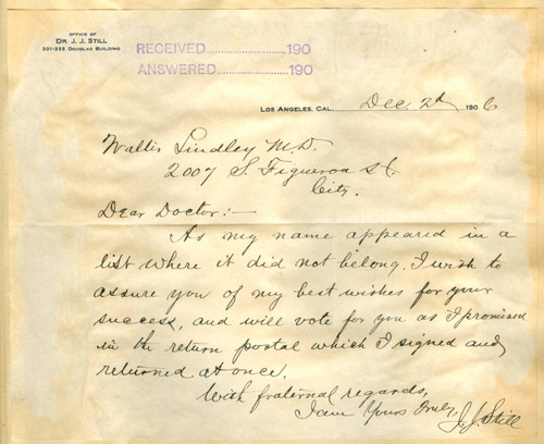 Letter from J. J. Still to Walter Lindley