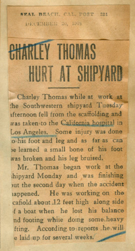 Charley Thomas hurt at shipyard