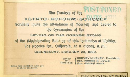 Invitations to the corner stone laying for the Whittier State School for Boys