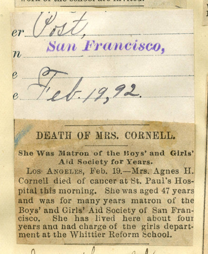 Death of Mrs. Cornell