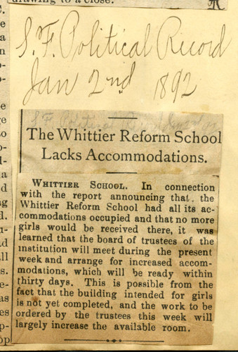 The Whittier reform school lacks accommodations