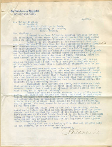 Letter from P. Kitchin to Walter Lindley