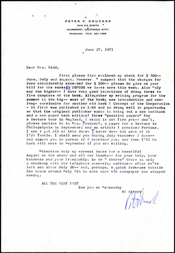 Correspondence from Peter Drucker to Mrs. Kidd, 1971-06-27