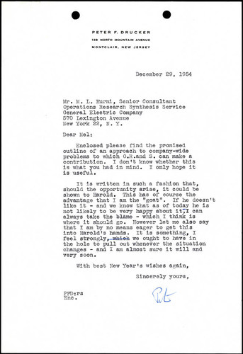 Correspondence from Peter F. Drucker to Melvin L. Hurni, 1954-12-29