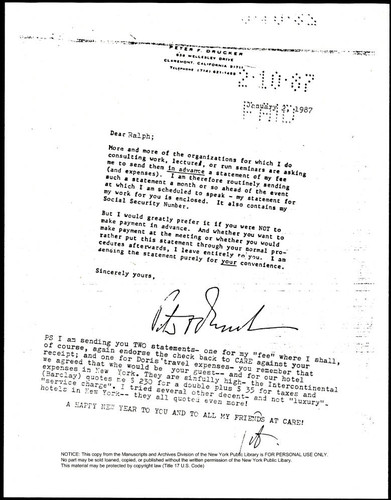 Letter from Peter F. Drucker explaining lecture fee