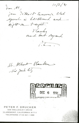 Letter from Peter F. Drucker to Albert Shanker