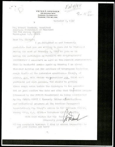 Letter of correspondence to Albert Shanker from Peter F. Drucker