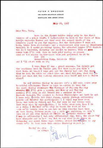 Correspondence from Peter Drucker to Mrs. Kidd, 1967-07-28