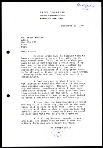 Correspondence to Ernst Keller from Peter F. Drucker, 1964