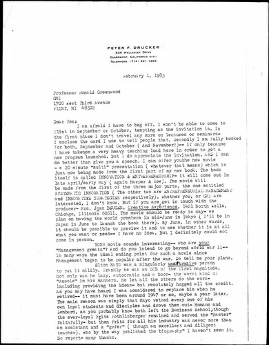 Correspondence from Peter F. Drucker to Professor Ronald G. Greenwood, 1985-02-01