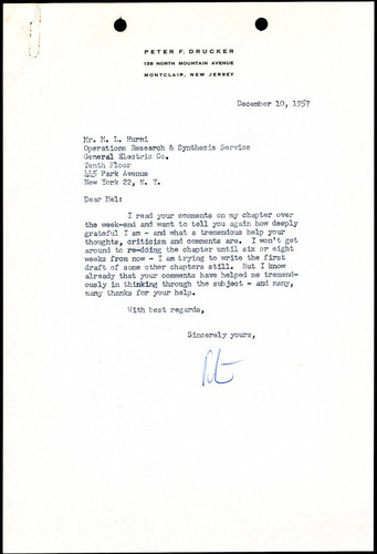 Correspondence from Peter F. Drucker to Mel Hurni, 1957-12-10