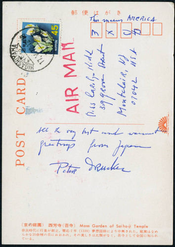 Postcard from Peter Drucker to Miss Carolyn Kidd, 1972