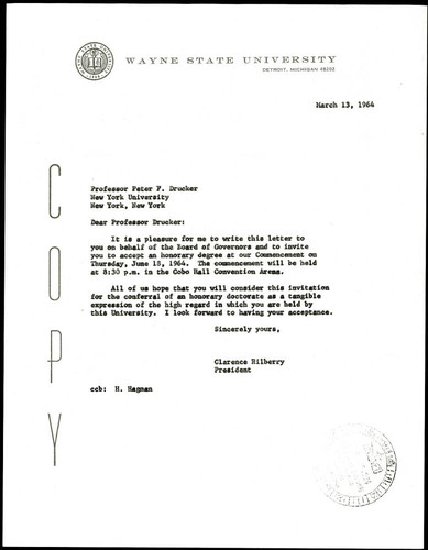 Letter to Peter F. Drucker from Clarence Hilberry