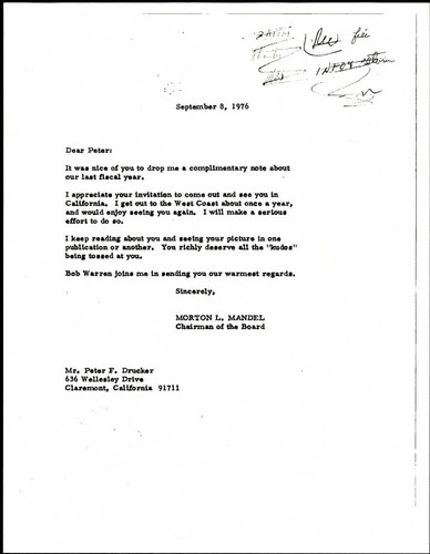 Letter of correspondence from Morton L. Mandel to Peter F. Drucker about previous note