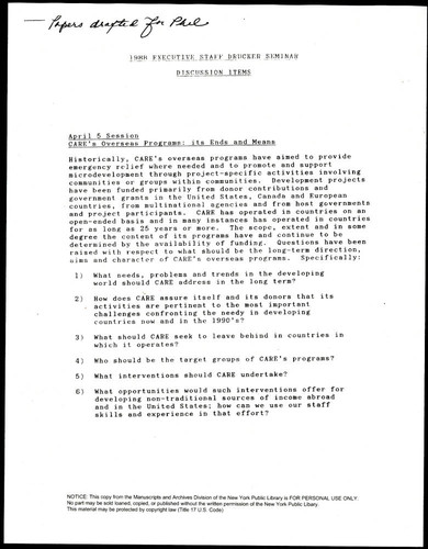 CARE Inc. executive staff's Peter F. Drucker seminar discussion items