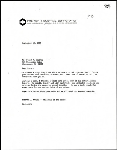 Premier Inc. Chairman Morton L. Mandel letter to Peter F. Drucker