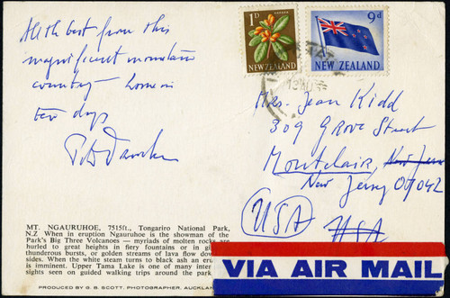 Postcard from Peter Drucker to Mrs. Jean Kidd