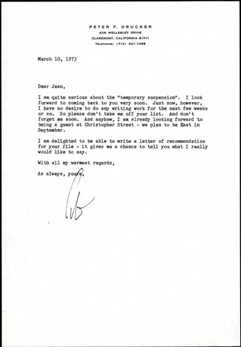 Correspondence from Peter Drucker to Jean Kidd, 1973-03-10