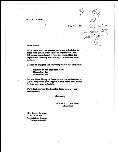 Letter from Morton L. Mandel to Peter F. Drucker concerning meeting