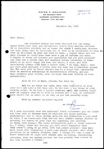 Letter of correspondence to Ernst Keller from Peter Drucker